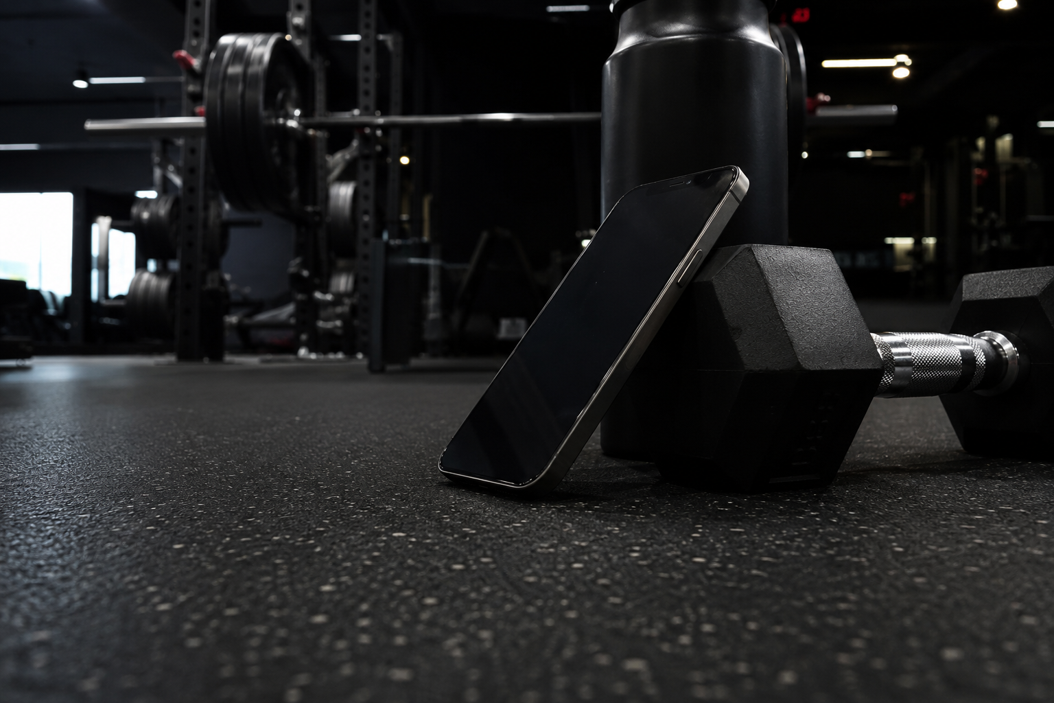 Phone awkwardly leaning against a dumbbell on the gym floor