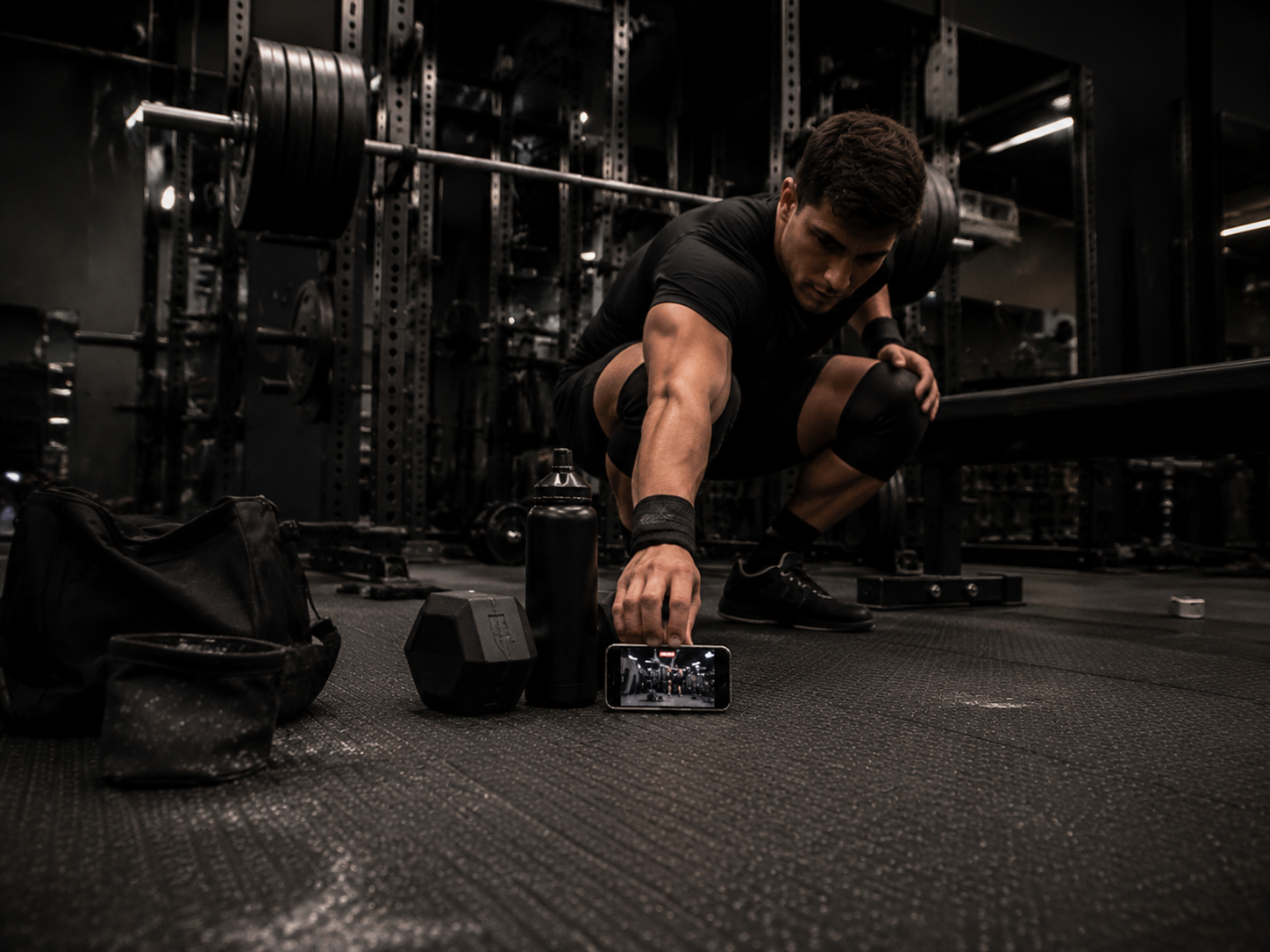 Lifter stopping to adjust a phone on the gym floor