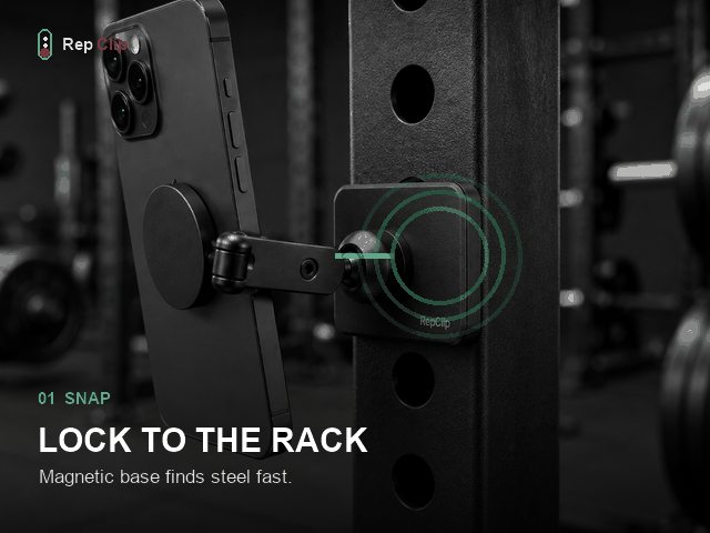 Animated RepClip setup sequence showing snap, aim, and record