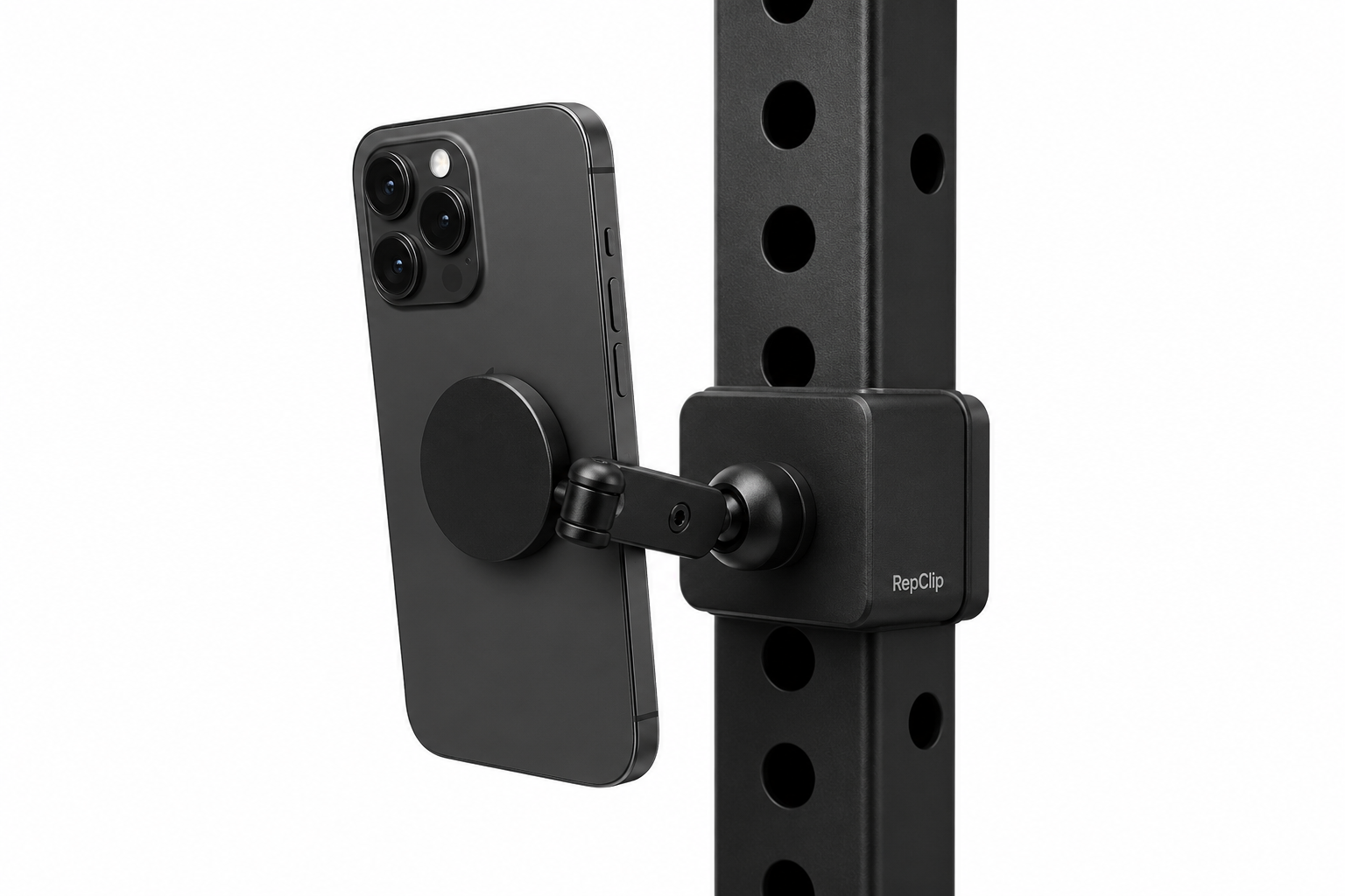 RepClip phone mount attached to a rack on a clean white background